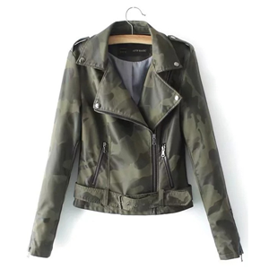 Women's PU faux leather camouflage print moto bomber jacket short