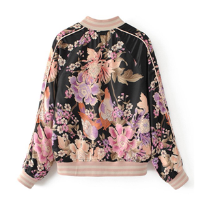 Women's stand collar zip up floral print casual bomber jacket