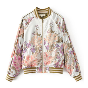 Women's stand collar zip up floral print casual bomber jacket