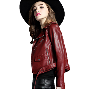 Women's PU faux leather jacket slim lapel zip short moto coat