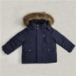 Boy's winter cotton thick hooded parka outwear coat with faux fur trim