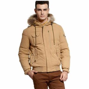 Men’s winter high quality khaki shiny fur hooded down bomber jackets and puffers