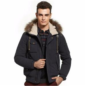 Men’s winter high quality khaki shiny fur hooded down bomber jackets and puffers
