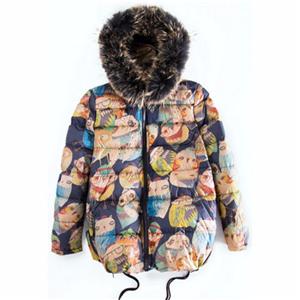 Russian Style High Quality Womens printing Down Coat/Winter Lady Down Jacket With Raccoon Fur