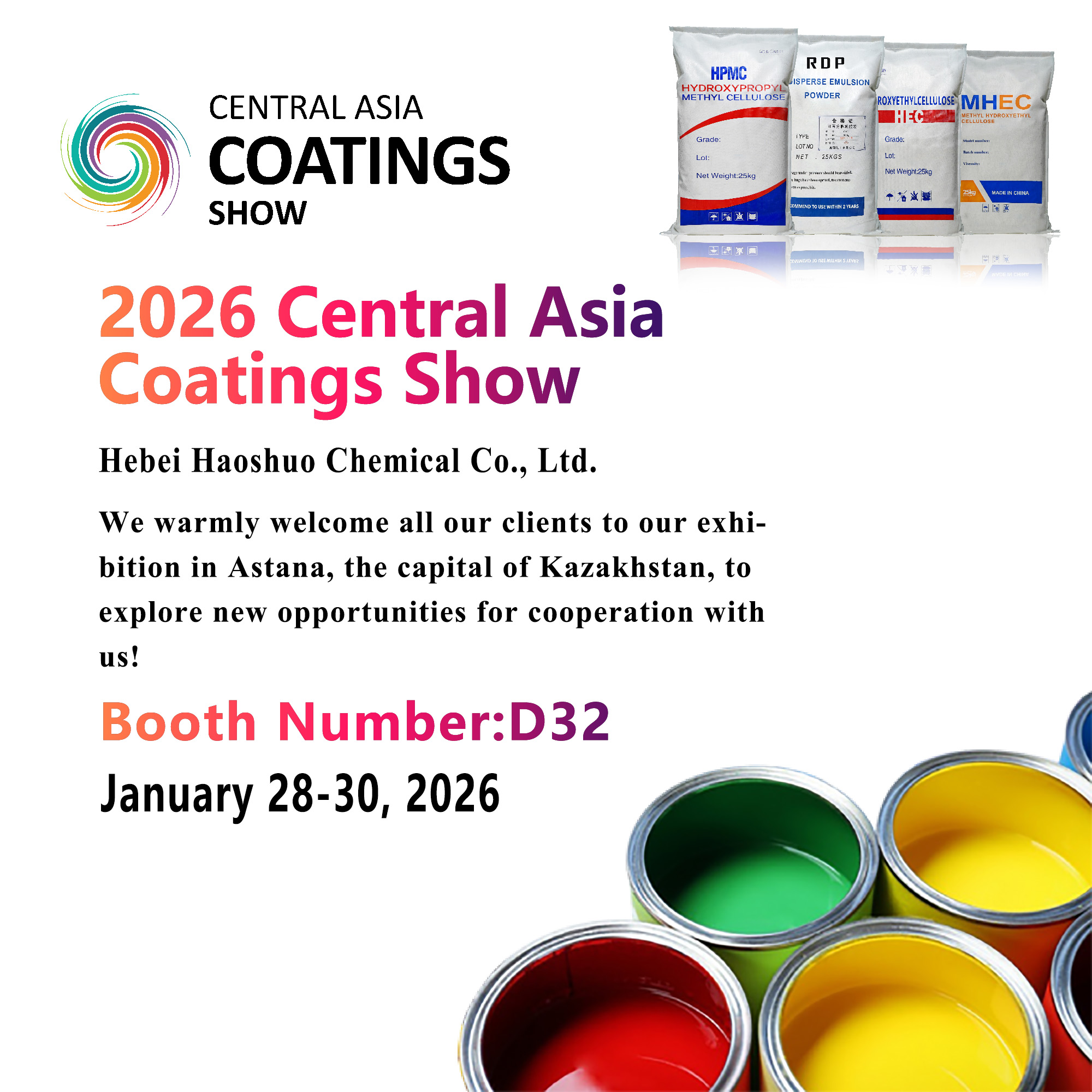 Hebei Haoshuo Chemical Co., Ltd. cordially invites you to visit our booth D32 at the 2026 Central Asia Coatings Show!
