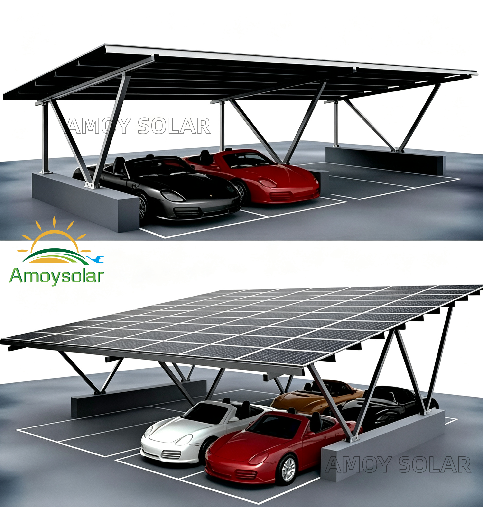 Aluminum Carport Solar Mounting System with Concrete Foundation W-type solar carport racking