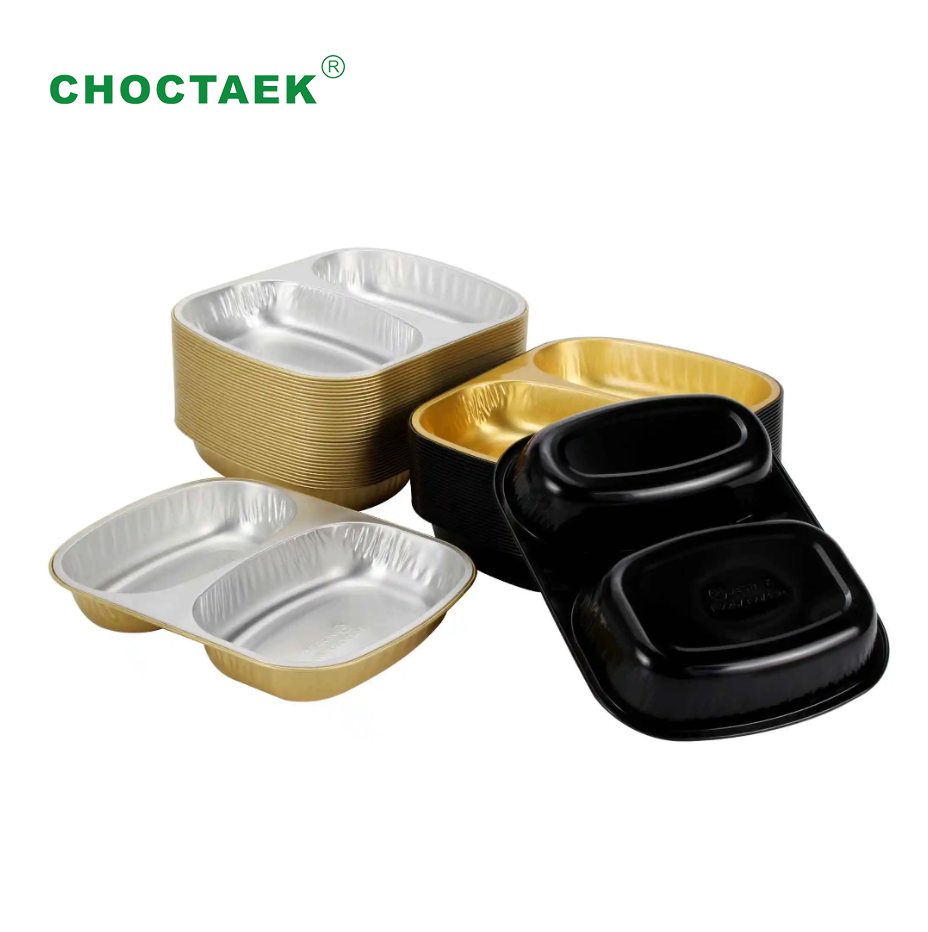 2-Compartment Black & Gold Smooth Wall Aluminium Foil Tray