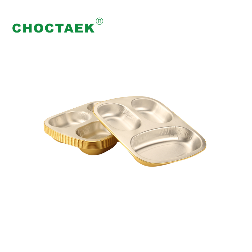 3-Compartment Black & Gold Smooth Wall Aluminum Food Storage Containers