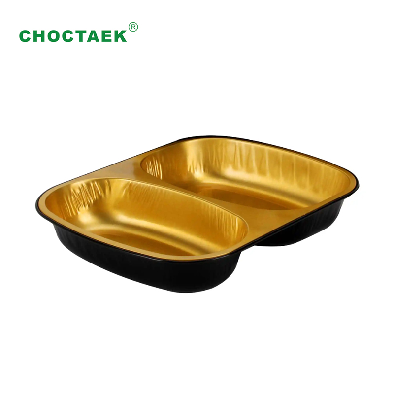 2-Compartment Black & Gold Smooth Wall Aluminium Foil Tray