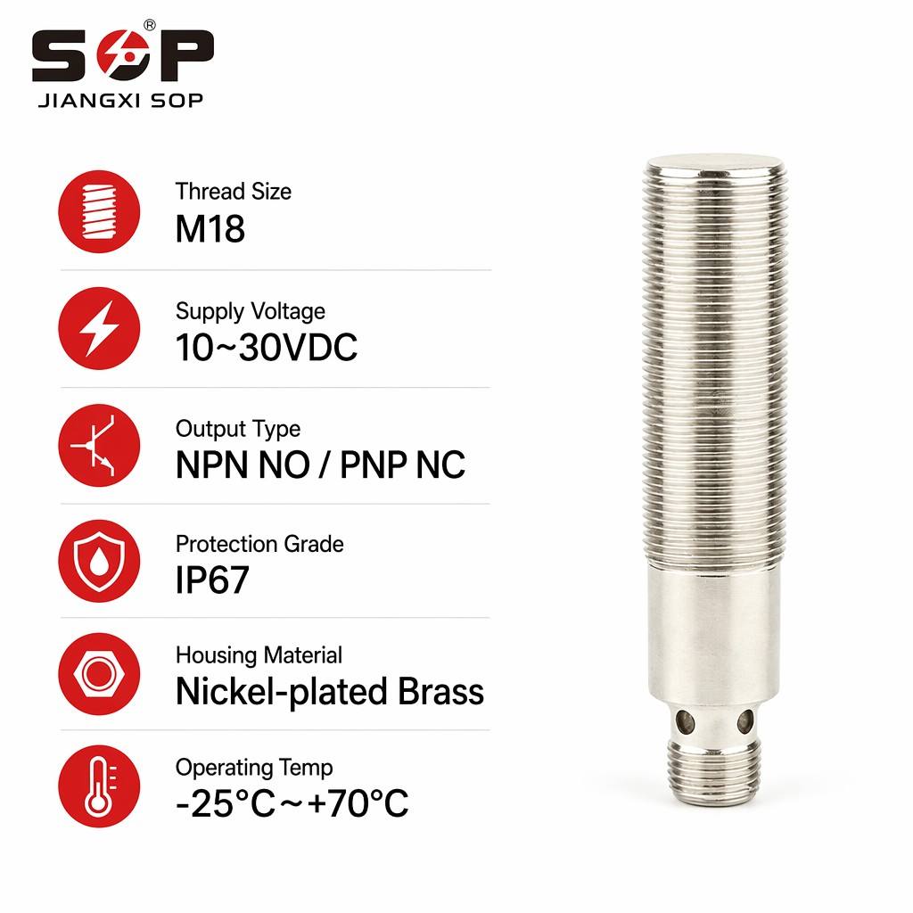 IP67 Waterproof M18 Shielded Inductive Proximity Switch 4mm 5mm 8mm NPN PNP NO NC DC 10-30V Brass Housing OEM Custom CE 2M Cable