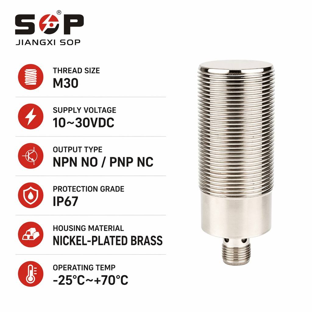 IP67 Waterproof M30 Flush Mount Inductive Sensor PNP NPN 10mm 10-30VDC CE RoHS for Automated Assembly Line Position Detection