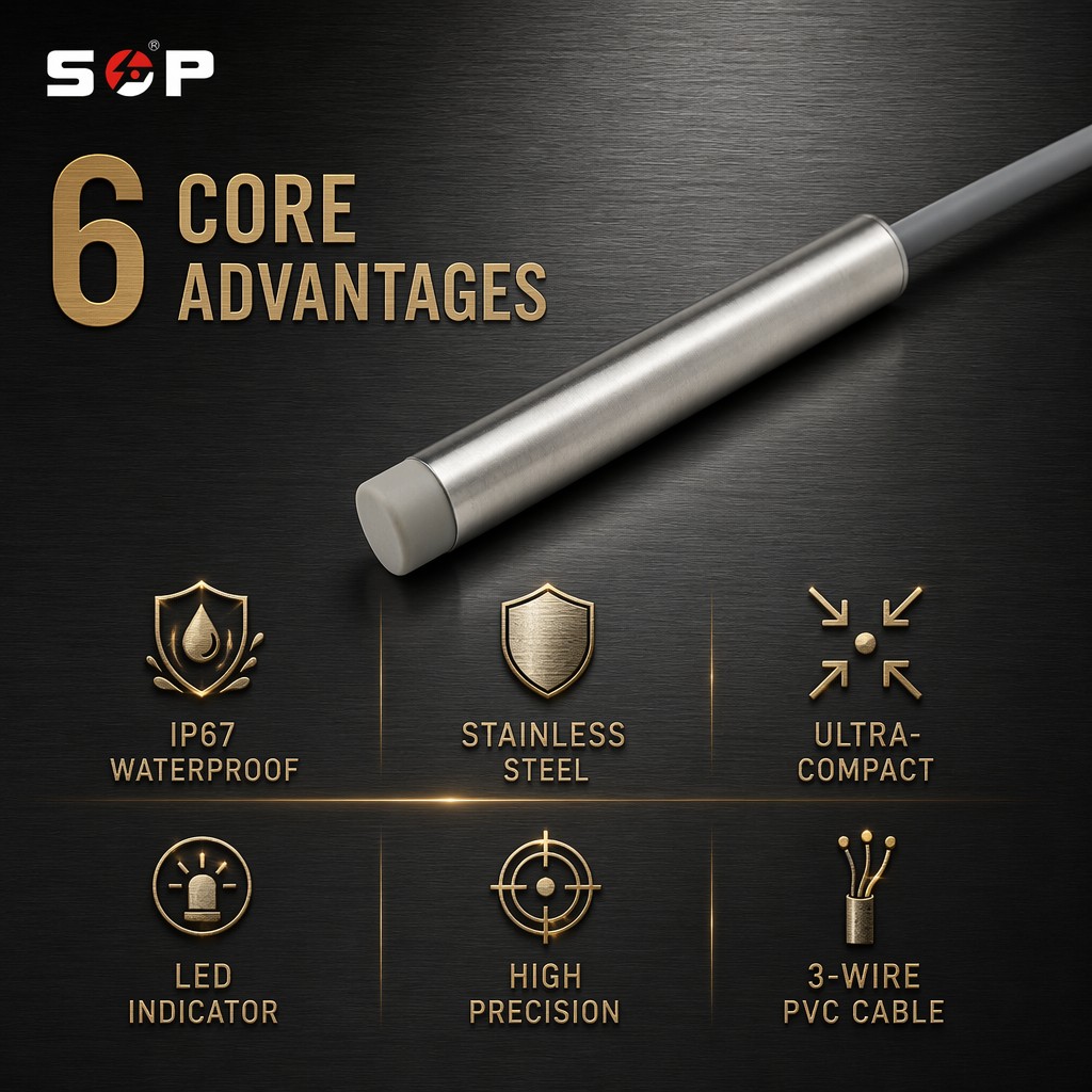 6.5mm Unshielded Inductive Proximity Sensor 2mm 6mm Long Sensing Range NPN PNP IP67 Stainless Steel for Robotic Automation