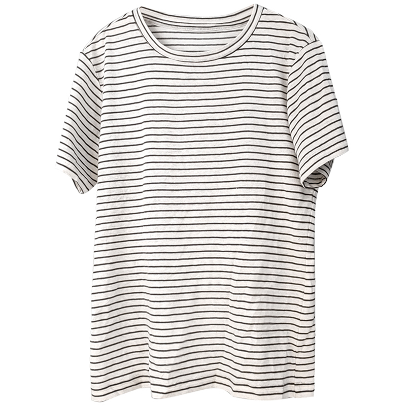 O Neckline Stripe Linen T Shirts