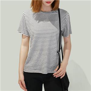 O Neckline Stripe Linen T Shirts