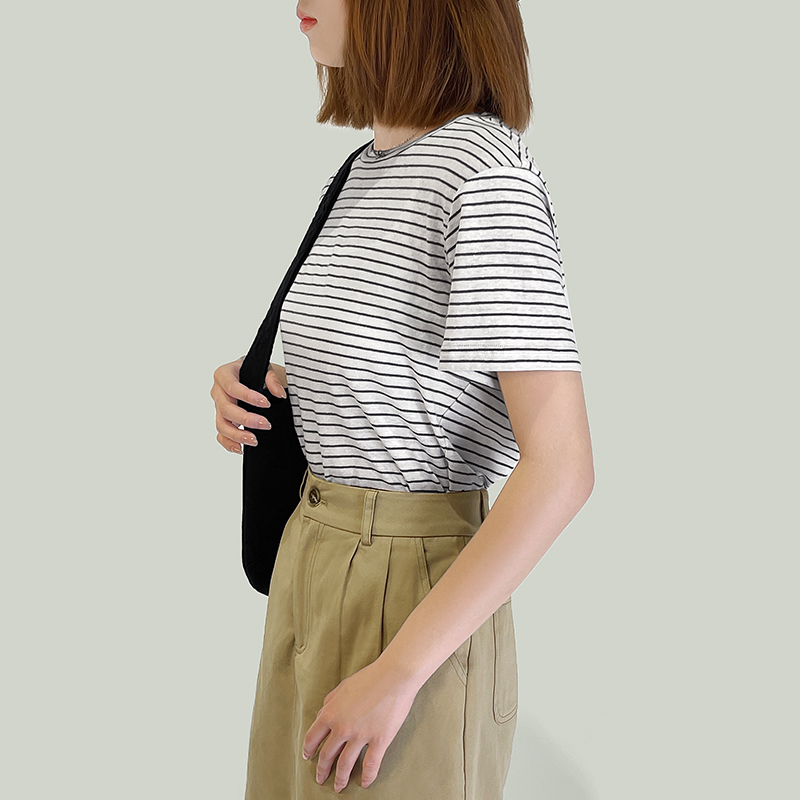 O Neckline Stripe Linen T Shirts