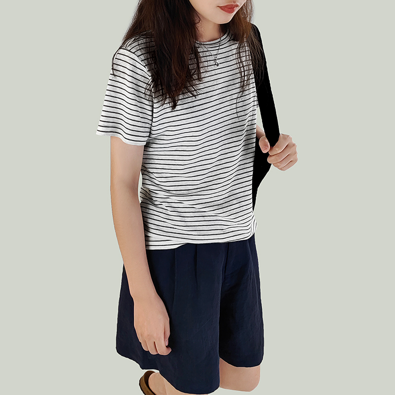 O Neckline Stripe Linen T Shirts