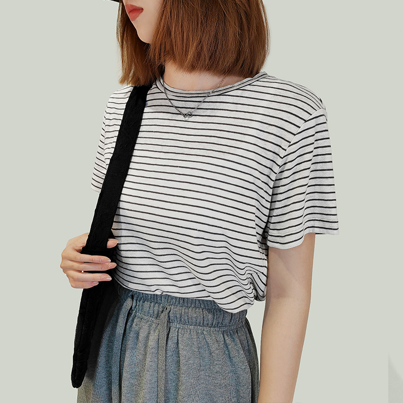 O Neckline Stripe Linen T Shirts