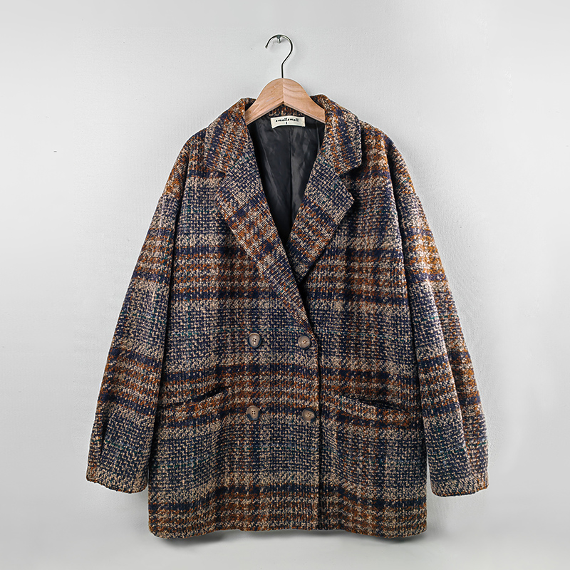 woolen checks long sleeve coats