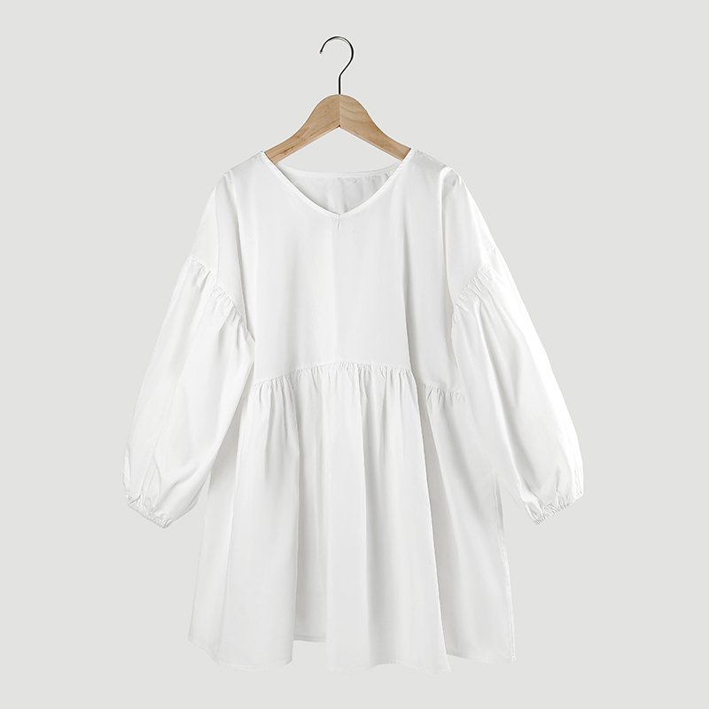 Puff sleeve V neck pleats white dress