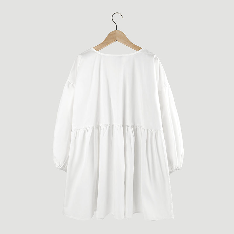 Puff sleeve V neck pleats white dress