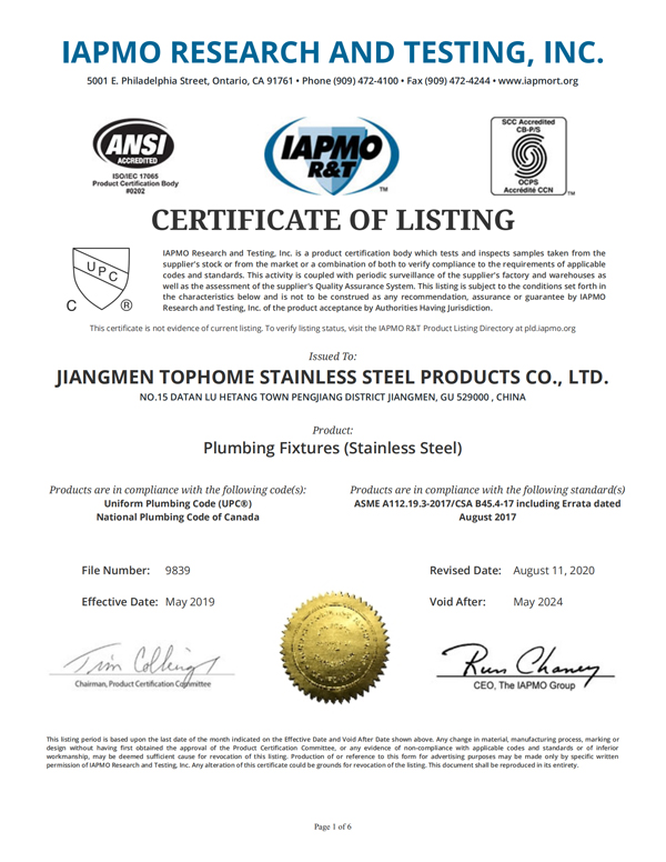 Chứng nhận Tophome-CUPC