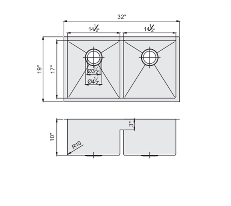 Unterbau-Doppelbecken mit UPC-Küchenspüle mit niedriger Unterteilung