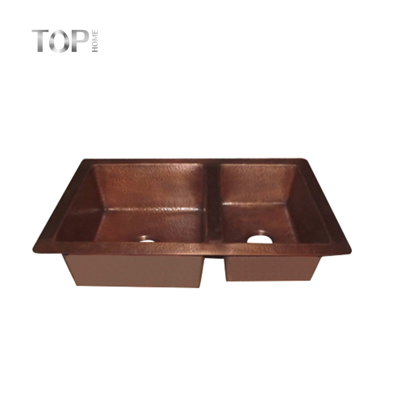 Household Hand Carved Square Shaped Double Bowls Copper Kitchen Sink