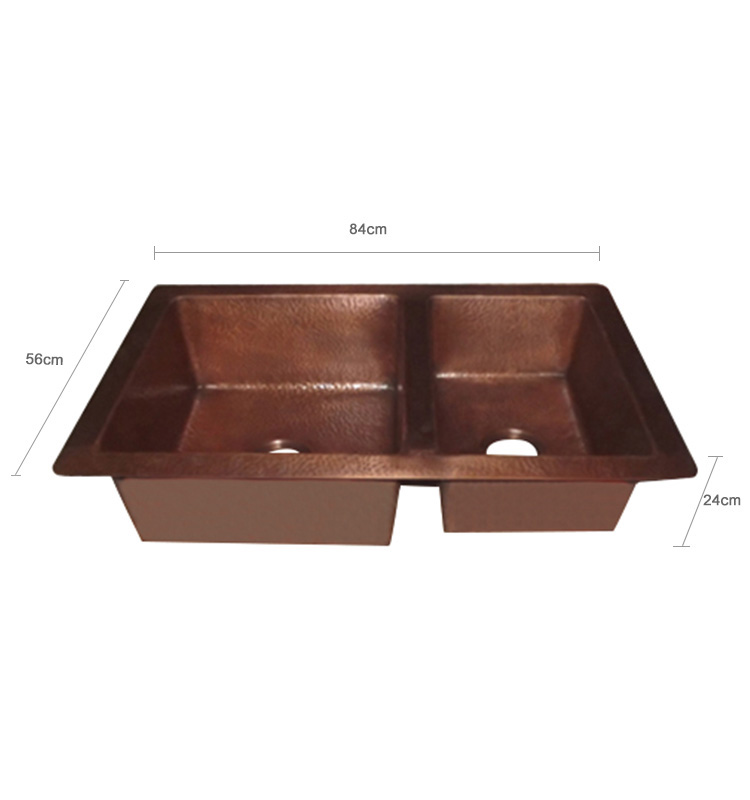 Household Hand Carved Square Shaped Double Bowls Copper Kitchen Sink