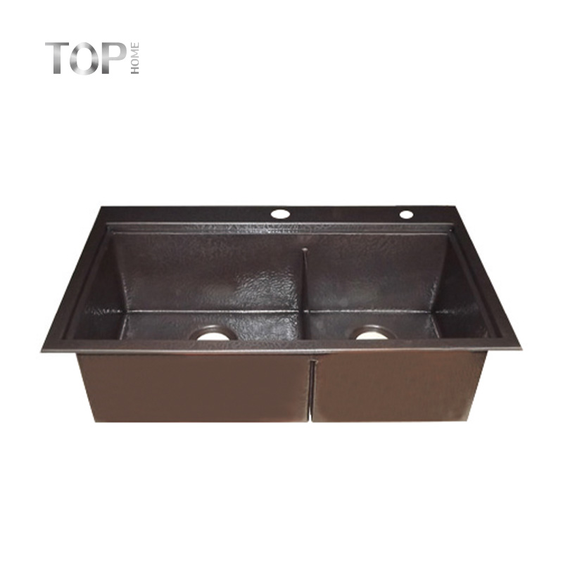 New Products Kitchen Square Double Bowls Dishwashing Copper Sink For Restaurant