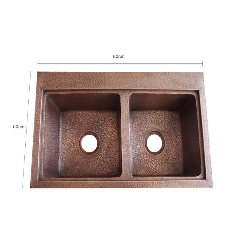 Fregadero en relieve del lavabo de la cocina del cobre del cuenco doble hecho a mano retro del vintage del precio al por mayor