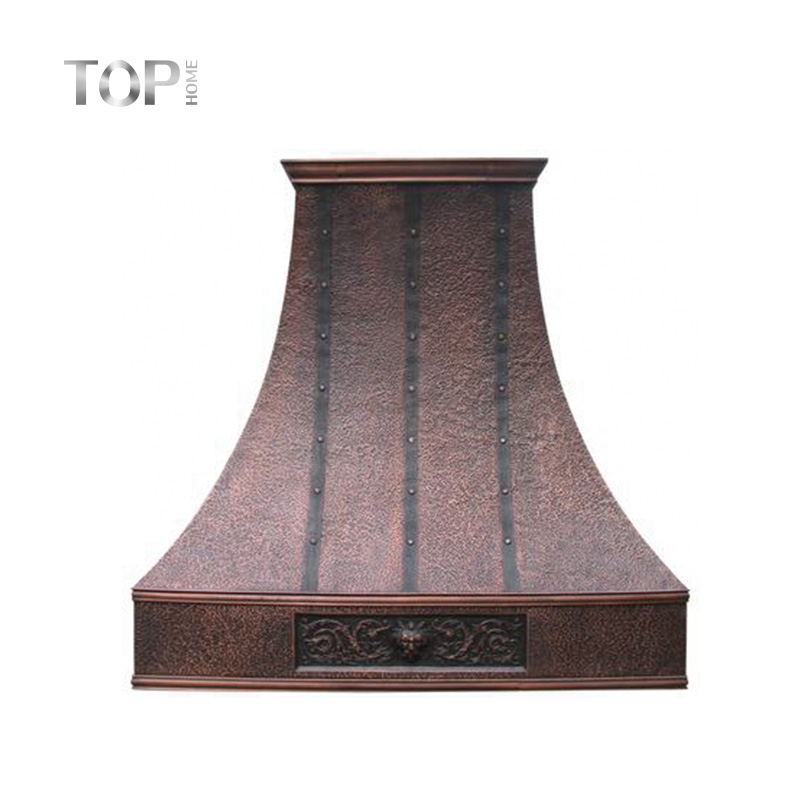 Cubierta de campana extractora de cobre para montaje en pared, dosel de chimenea con acabado de remaches de tira negra, nuevo diseño