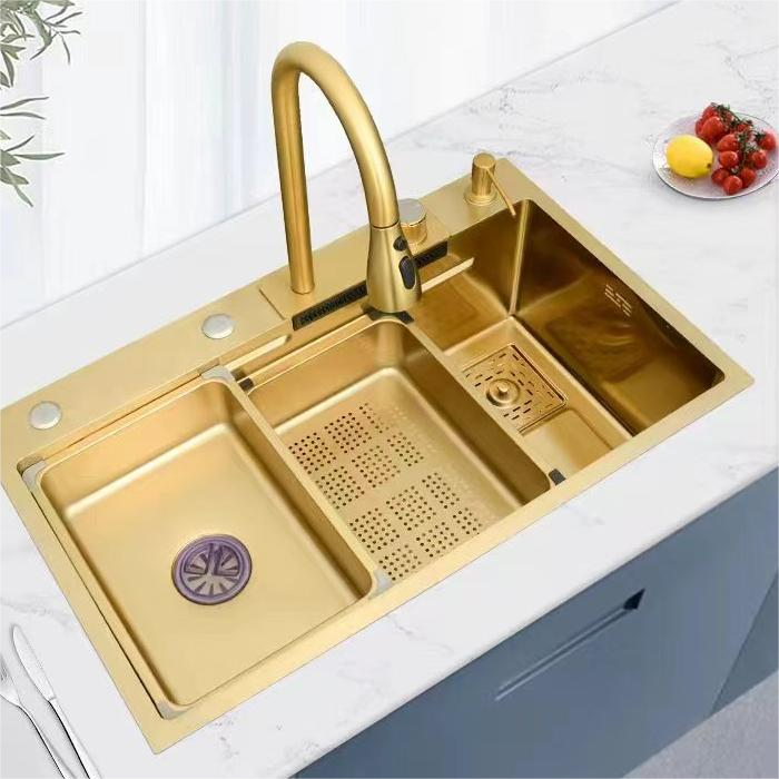 Sản phẩm mới | Bồn rửa chén thông minh bằng thép không gỉ SUS PVD Gold 304, thiết kế thủ công, có thác nước kèm đầy đủ phụ kiện.