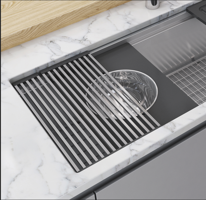 Giá phơi bát đĩa cuộn lên trên bồn rửa nhà bếp, thảm phơi đa năng có thể gấp lại