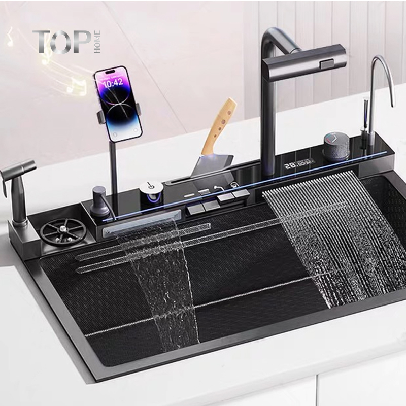 Multi-Function Kitchen Sink na may Stainless Steel Waterfall Faucet