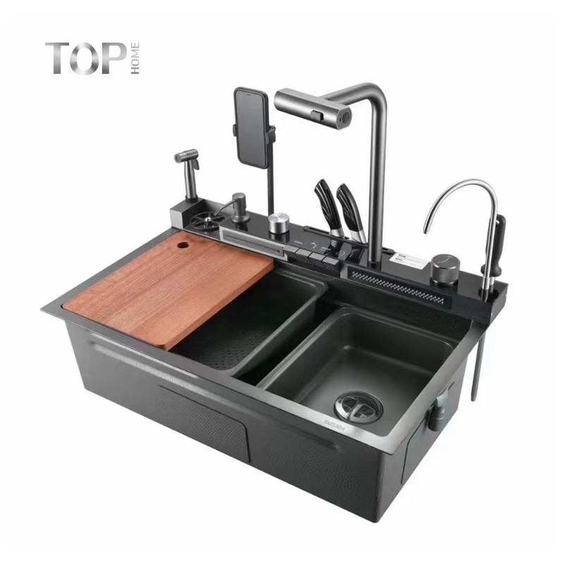 Multi-Function Kitchen Sink with Stainless Steel Waterfall Faucet