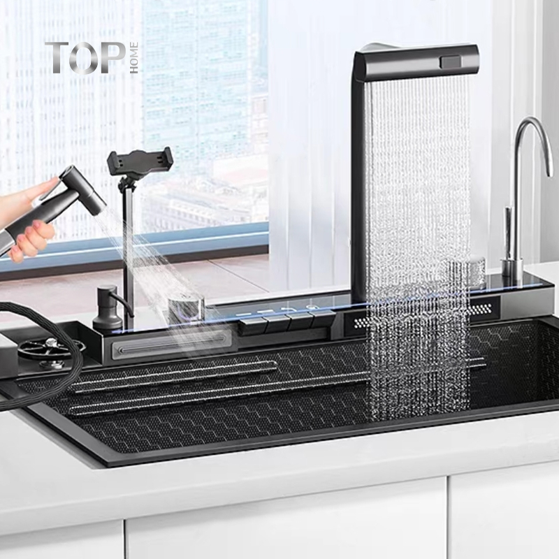 Multi-Function Kitchen Sink with Stainless Steel Waterfall Faucet