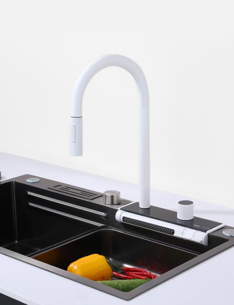 Kitchen sink with waterfall faucet