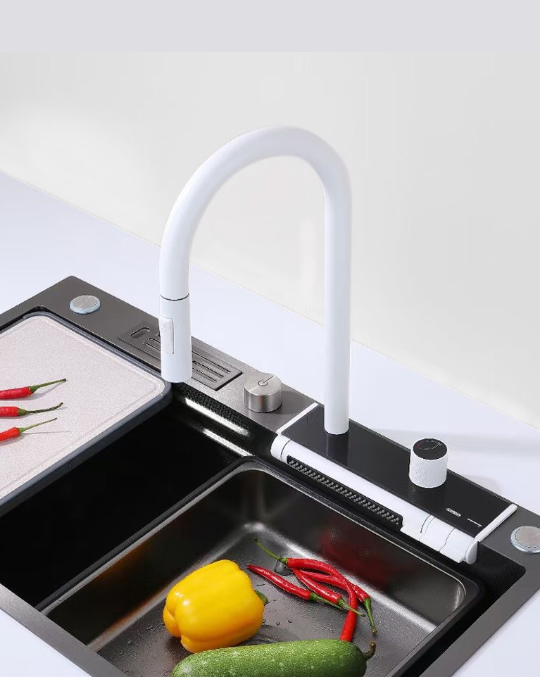 Kitchen sink with waterfall faucet