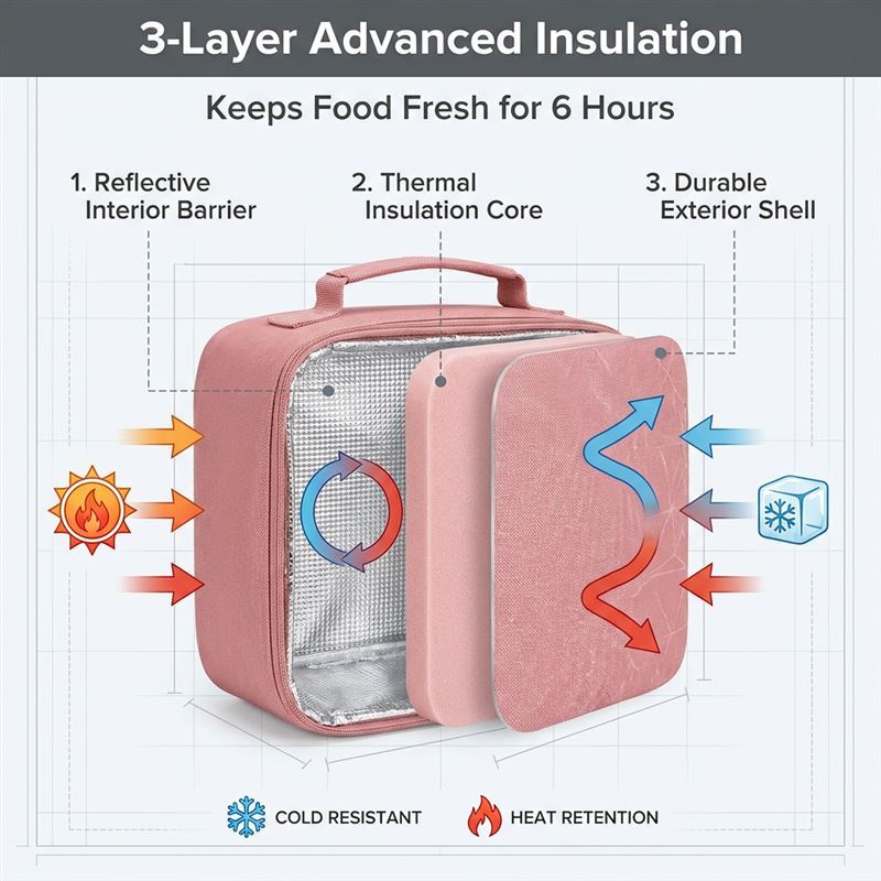 Premium Pink Insulated Lunch Bag - Large Capacity Thermal Tote with Side Mesh Pocket & Leakproof Lining for Office, School, and Picnics