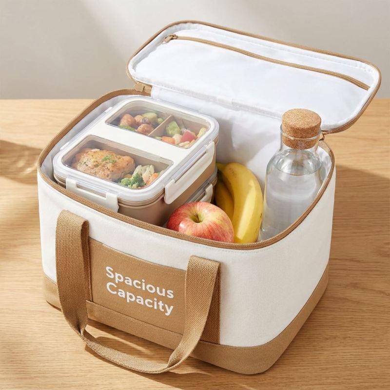 Modern White & Tan Insulated Lunch Bag Durable & Easy-to-Clean Food Organizer for Men & Women