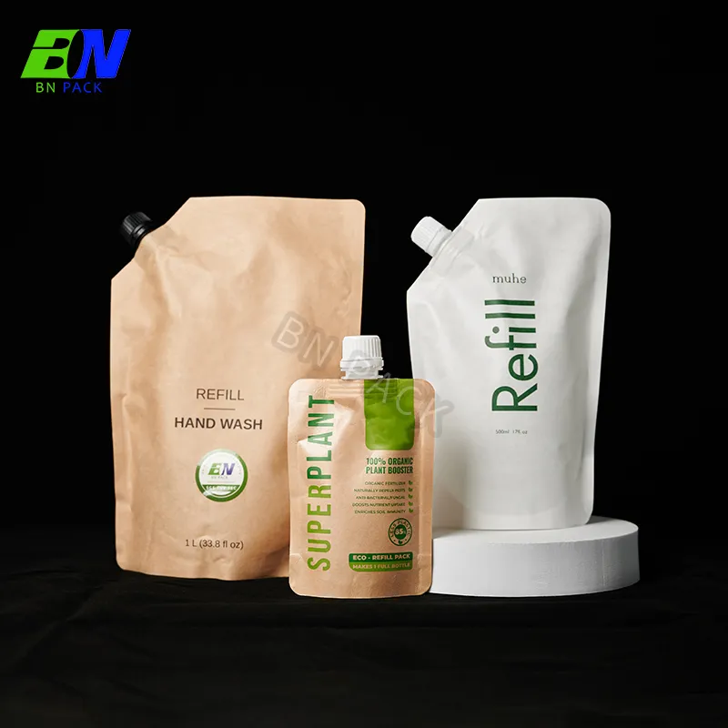 Confezione di carta kraft ricaricabile personalizzata Sapone per mani liquido Stand Up Refill Pouch Custodia per cosmetici ecologica