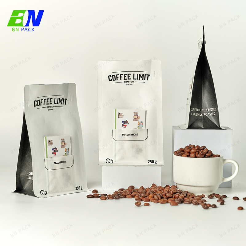 Gravure Printing Customized Design Flat Bottom Kraft Paper Ziplock Bags Coffee Bags With Valve,Zipper And Kraft Card