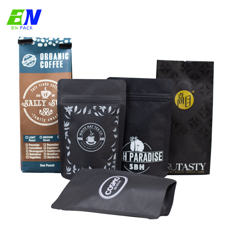 Miljövänlig svart kaffepåse av kraftpapper Stand up Packning blixtlåspåsar för mat