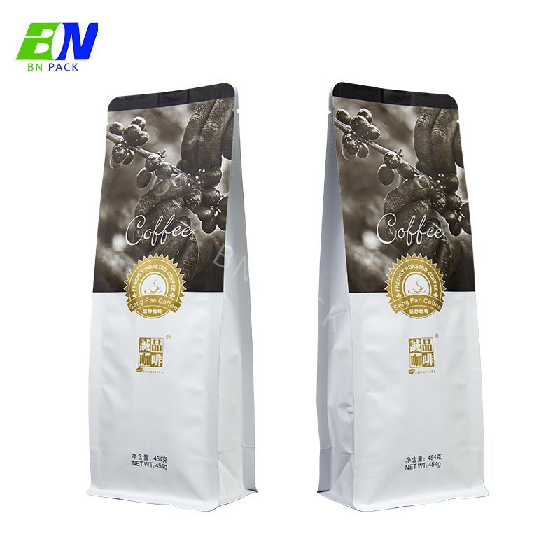Ricicla i sacchetti di imballaggio per chicchi di caffè a fondo piatto con sigillo a otto lati stampati personalizzati da 250 g con valvola