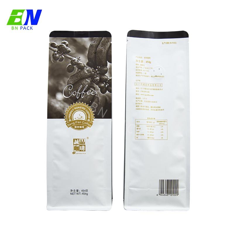 Ricicla i sacchetti di imballaggio per chicchi di caffè a fondo piatto con sigillo a otto lati stampati personalizzati da 250 g con valvola