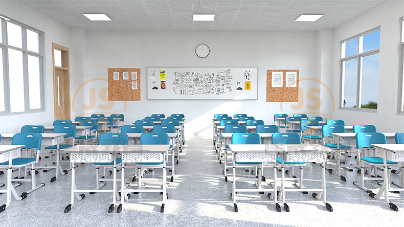 Lift desks and chairs to accompany students to