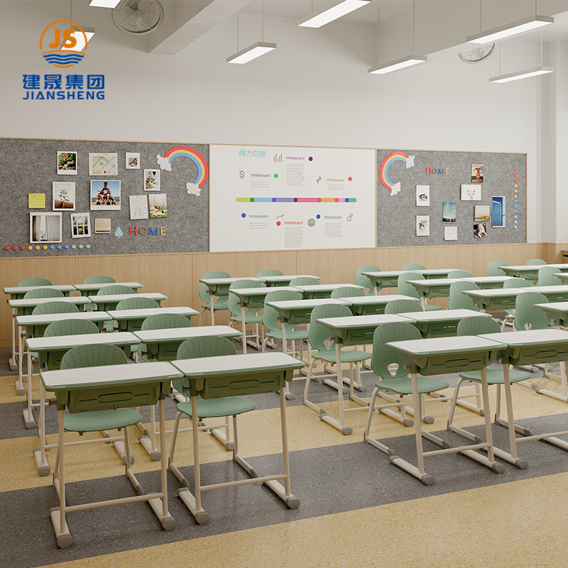 Conjunto de mesas y sillas escolares duraderas para mobiliario de aula.