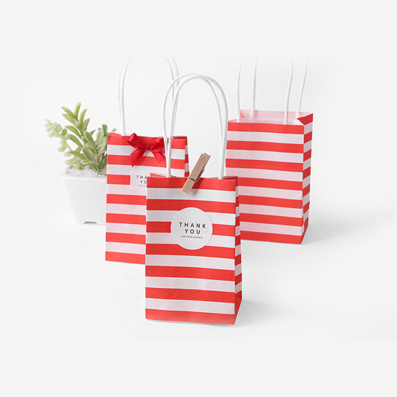 Printed red black and white striped Gift paper bags with handles