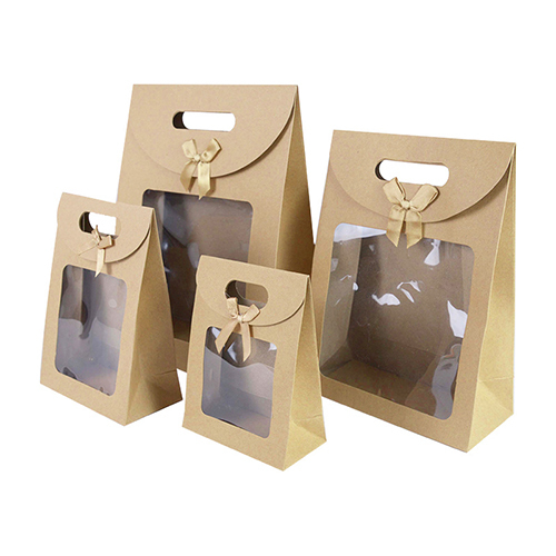 Petit sac en papier cadeau kraft brun avec fenêtre transparente personnalisée avec noeud