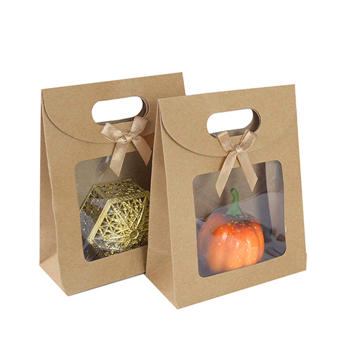 Petit sac en papier cadeau kraft brun avec fenêtre transparente personnalisée avec noeud